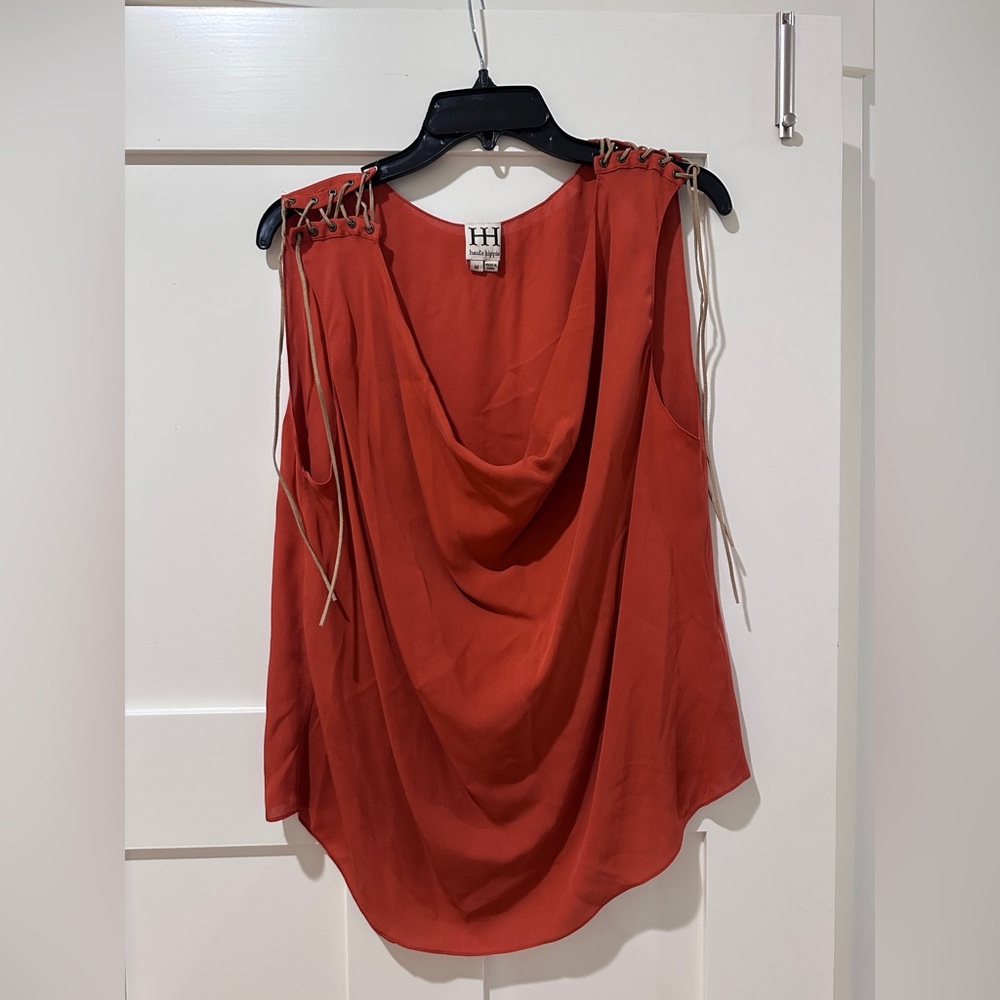 Haute Hippie Rust Red Draped Sleeveless Blouse with Lace-Up Shoulders Silk
